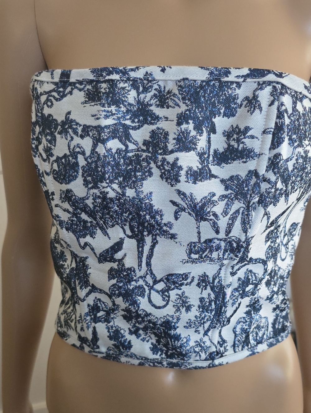 Blue Toile Strapless Tube Crop Top